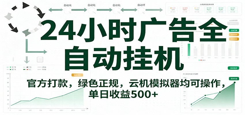 24小时广告全自动挂机，官方打款，绿色正规，云机模拟器均可操作，单日收益500+-赛德副业库