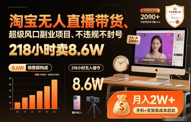 淘宝无人直播带货，218小时卖8.6W，不违规不封号，超级风口副业项目【揭秘】-赛德副业库