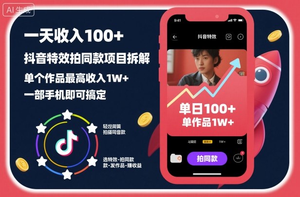 一天收入100+，抖音特效拍同款项目拆解，单个作品最高收入1W+，一部手机即可搞定-赛德副业库
