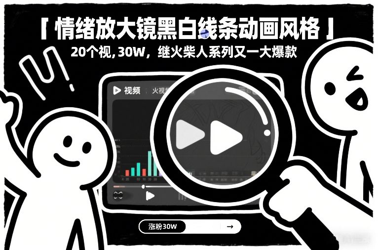 情绪放大镜黑白线条动画风格,20个视频,涨粉30W,继火柴人系列又一大爆款-赛德副业库