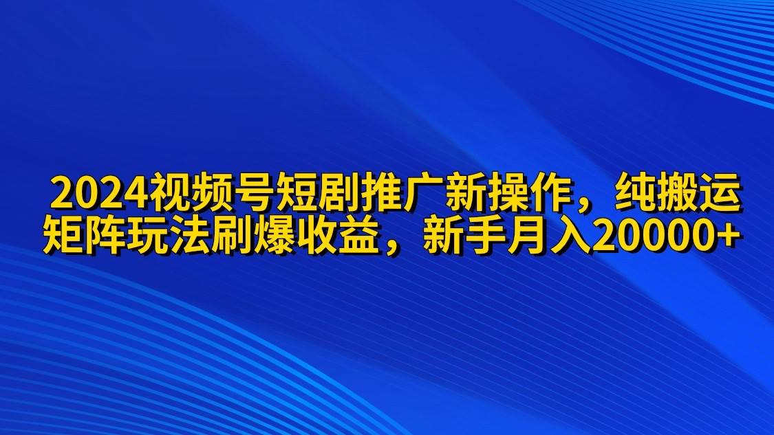（9916期）2024视频号短剧推广新操作 纯搬运+矩阵连爆打法刷爆流量分成 小白月入20000-赛德副业库