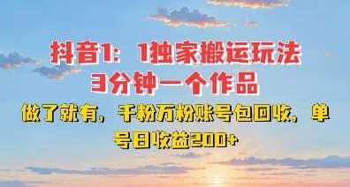 DY独家1：1搬运玩法，3分钟搞定一个作品，千粉万粉账号包回收，单号日收益2张【揭秘】-赛德副业库