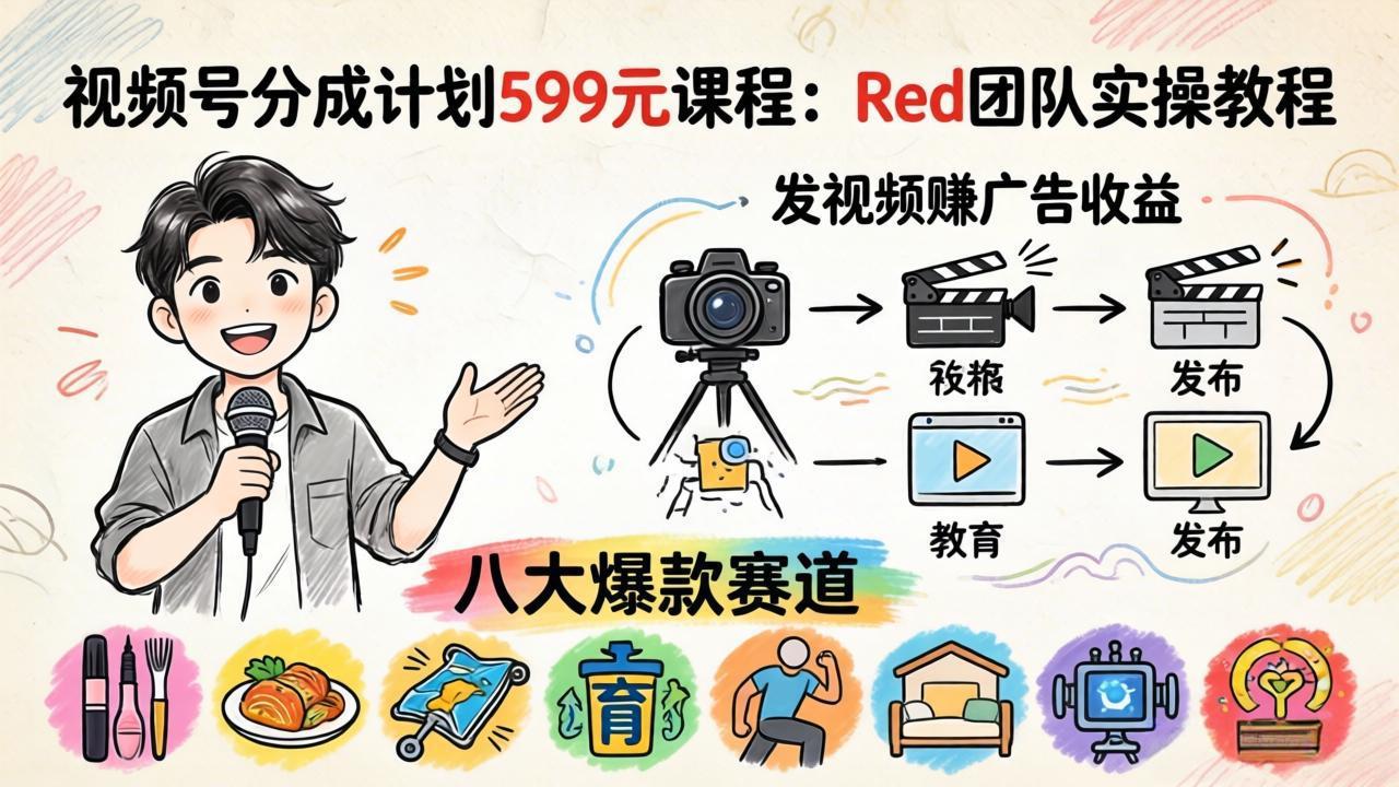 (18088期)视频号分成计划599元课程:Red团队实操教程,发视频赚广告收益,八大爆款赛道全掌握-赛德副业库