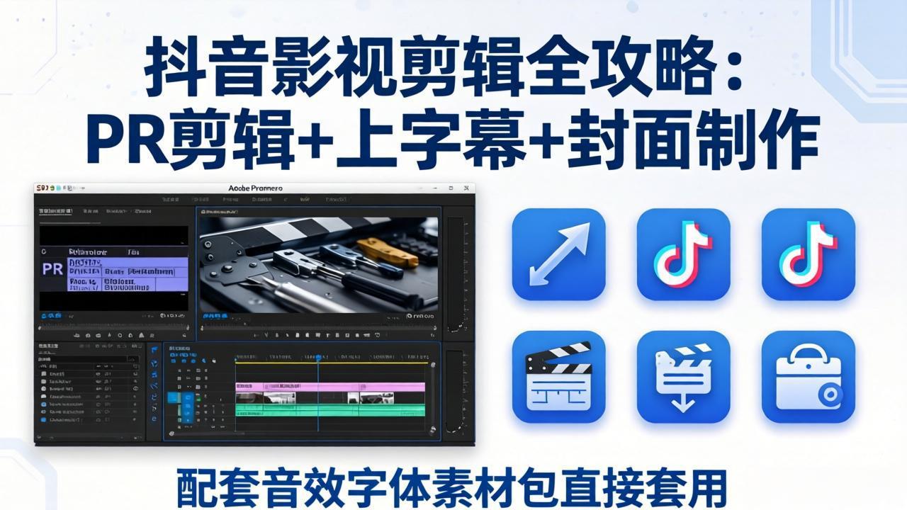 (17868期)抖音影视剪辑全攻略:PR剪辑+上字幕+封面制作,配套音效字体素材包直接套用-赛德副业库