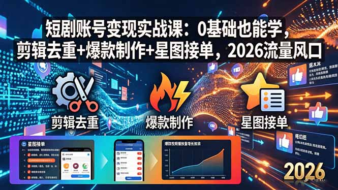 (18160期)短剧账号变现实战课:0基础也能学,剪辑去重+爆款制作+星图接单,2026流量风口-赛德副业库
