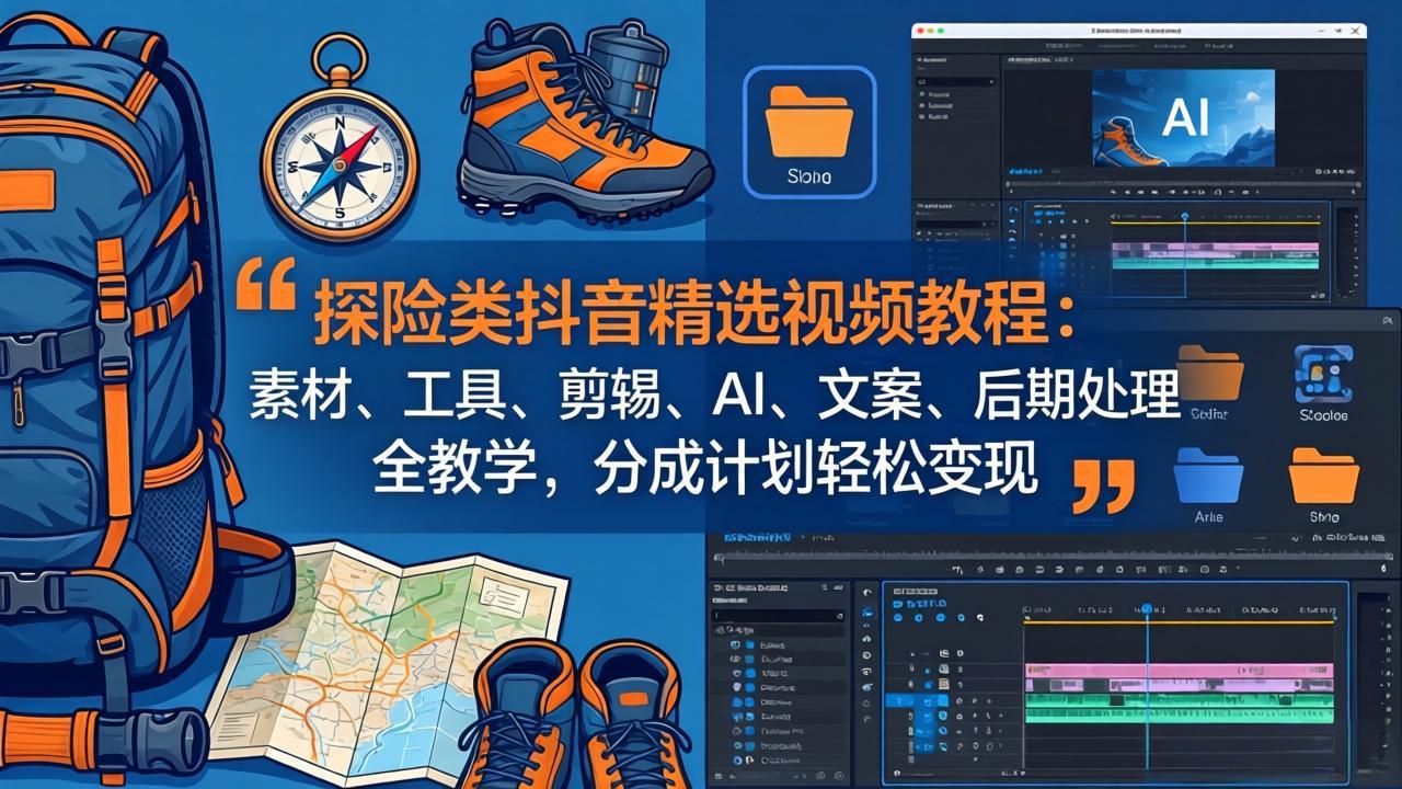 （17994期）探险类抖音精选视频教程：素材、工具、剪辑、AI、文案、后期处理全教学，分成计划轻松变现-赛德副业库