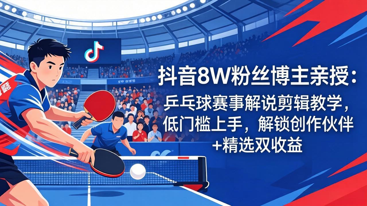 (18069期)抖音8W粉丝博主亲授:乒乓球赛事解说剪辑教学,低门槛上手,解锁创作伙伴+精选双收益-赛德副业库