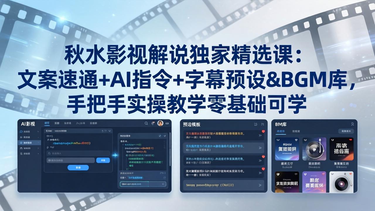 (18080期)秋水影视解说独家精选课:文案速通+AI指令+字幕预设+BGM库,手把手实操教学零基础可学-赛德副业库