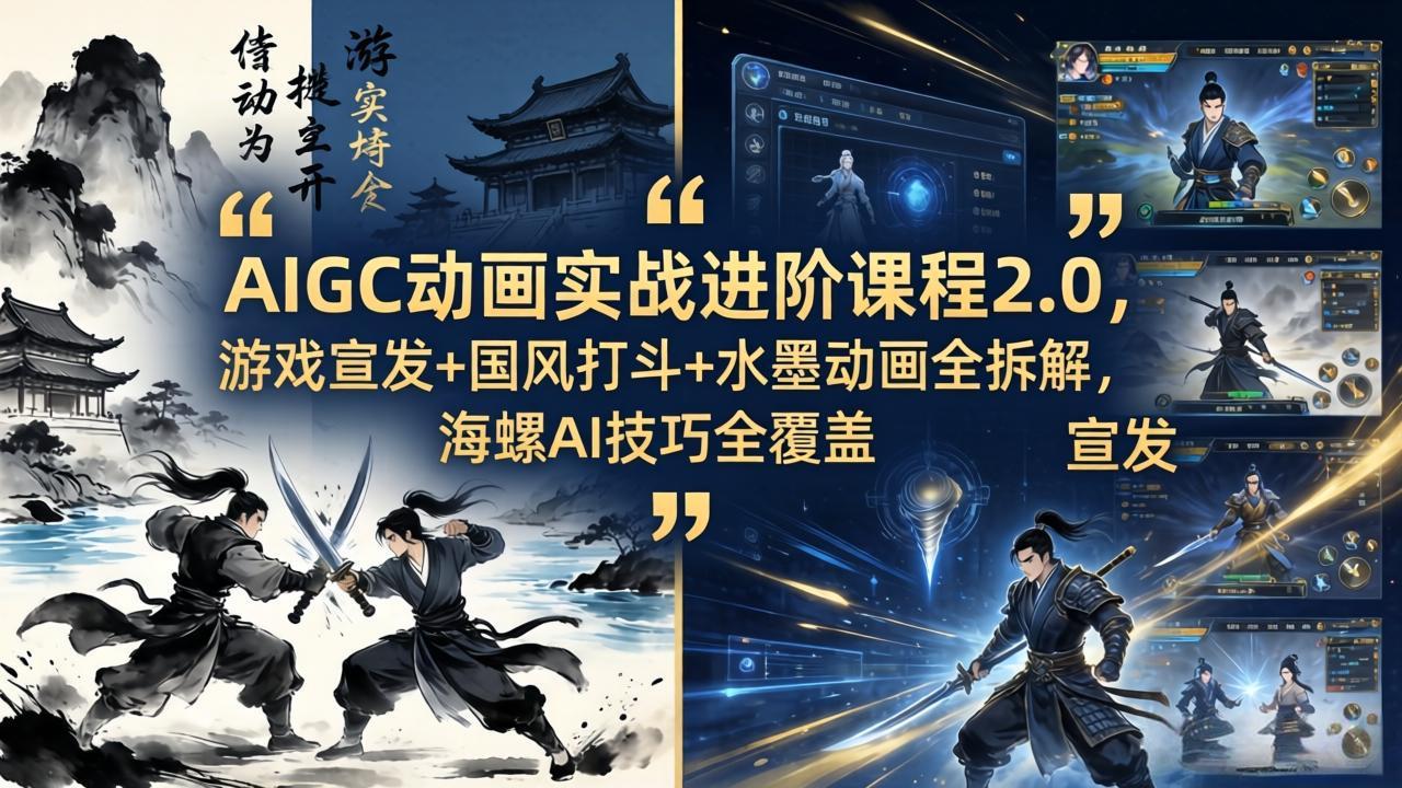（18235期）AIGC动画实战进阶课程2.0，游戏宣发+国风打斗+水墨动画全拆解，海螺AI技巧全覆盖-赛德副业库