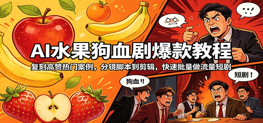 AI水果狗血剧爆款教程：复刻高赞热门案例，分镜脚本到剪辑，快速批量做流量短剧-赛德副业库