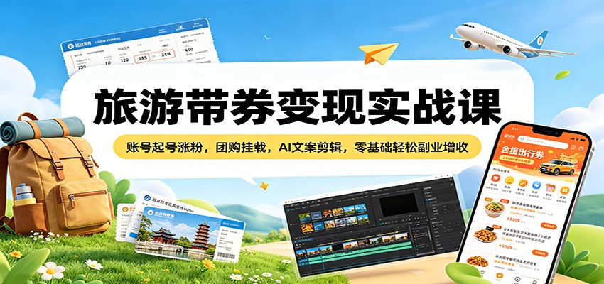 旅游带券变现实战课:账号起号涨粉,团购挂载,AI文案剪辑,零基础轻松副业增收-赛德副业库