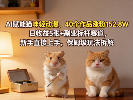 AI赋能猫咪轻动漫，40个作品涨粉152.8W，日收益5张+副业标杆赛道，新手直接上手，保姆级玩法拆解-赛德副业库