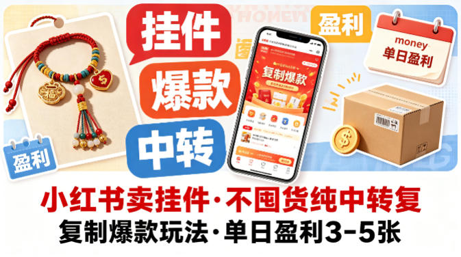小红书卖挂件，不囤货纯中转复制爆款玩法，单日盈利3-5张-赛德副业库