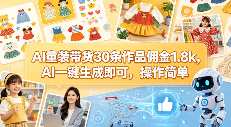 AI童装带货30条作品佣金1.8k,AI一键生成即可,操作简单-赛德副业库