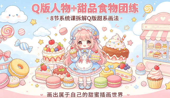 Q版人物+甜品食物团练，8节系统课拆解Q版甜系画法，画出属于自己的甜蜜插画世界-赛德副业库