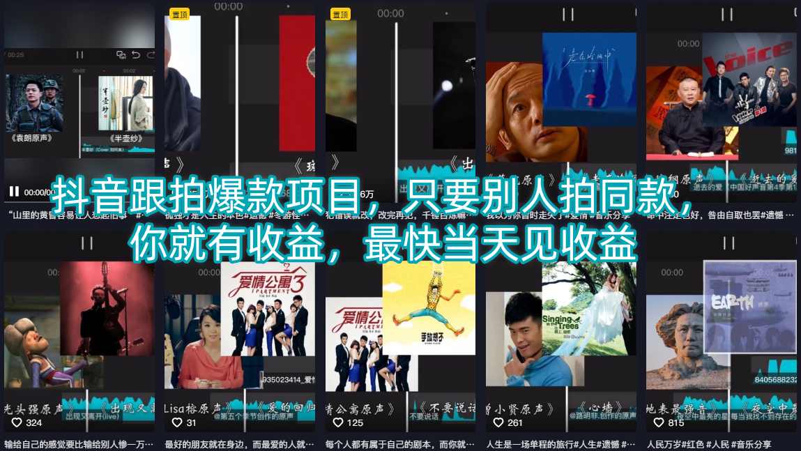 抖音跟拍爆款项目，只要别人拍同款，你就有收益，最快当天见收益-赛德副业库