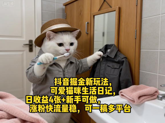 抖音掘金新玩法,可爱猫咪生活日记,日收益4张+新手可做,涨粉快流量稳,可一稿多平台-赛德副业库