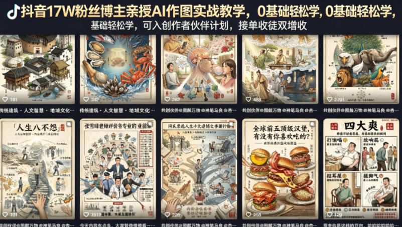 抖音17W粉丝博主亲授AI作图实战教学，0基础轻松学，可入创作者伙伴计划，接单收徒双增收-赛德副业库