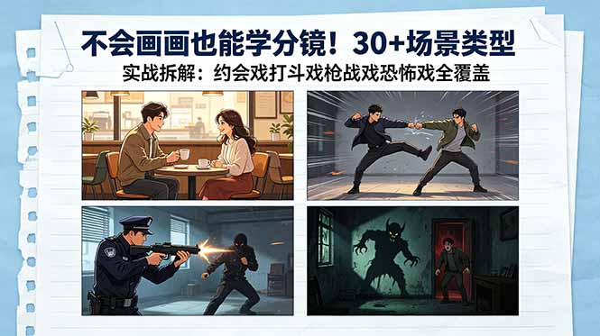 （18591期）不会画画也能学分镜！30+场景类型实战拆解：约会戏打斗戏枪战戏恐怖戏全覆盖-赛德副业库