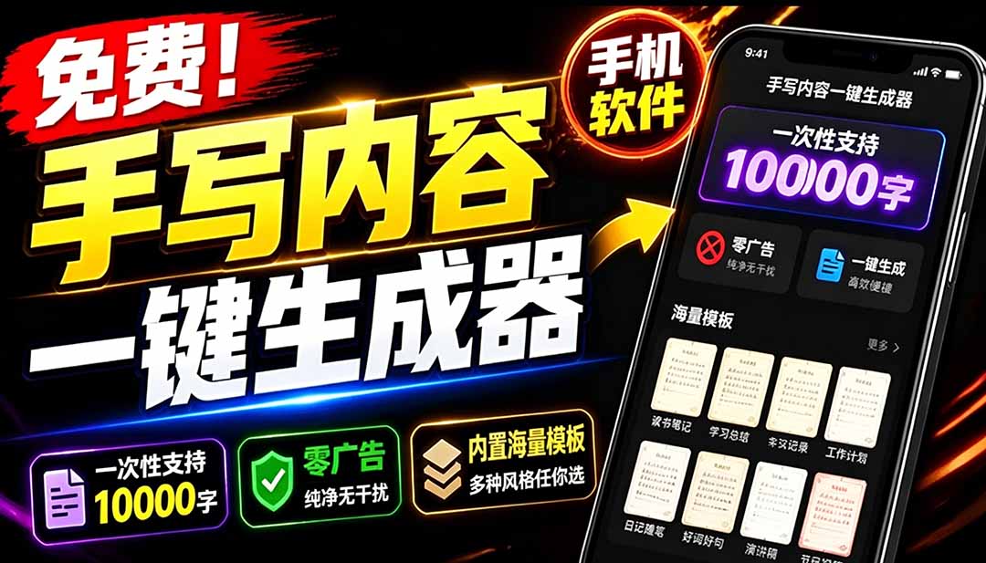 (18667期)超逼真手写字体一键生成器,纯免费离线运行,一次性支持10000字,零广告,内置海量模板-赛德副业库
