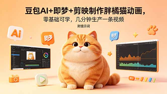 （18431期）豆包AI+即梦+剪映制作胖橘猫动画，零基础可学，几分钟生产一条视频，附提示词-赛德副业库