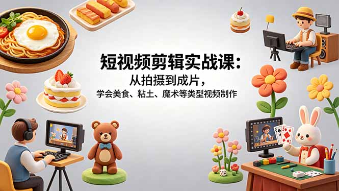 (18375期)短视频剪辑实战课:从拍摄到成片,学会美食、粘土、魔术等类型视频制作-赛德副业库