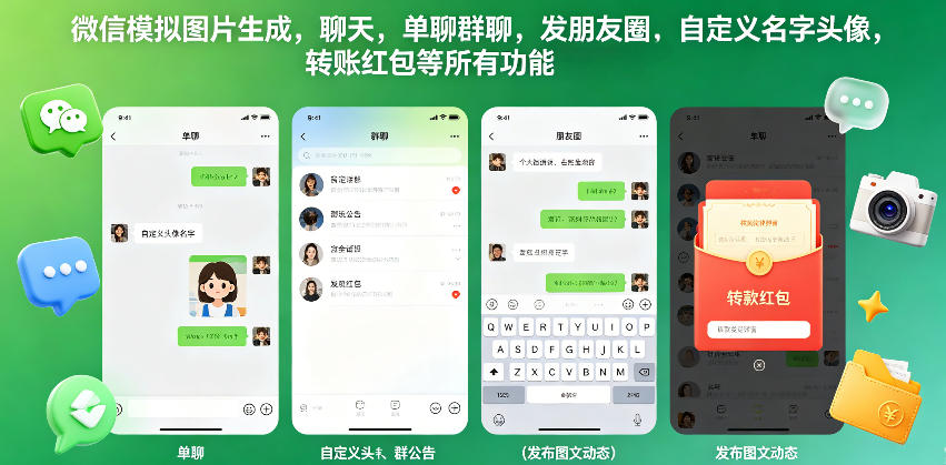 微信模拟图片生成,聊天,单聊群聊,发朋友圈,自定义名字头像,转账红包等所有功能都可以生成-赛德副业库