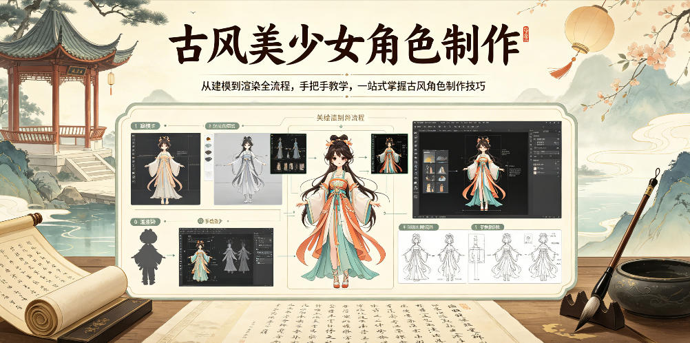 古风美少女角色制作,从建模到渲染全流程,手把手教学,一站式掌握古风角色制作技巧-赛德副业库