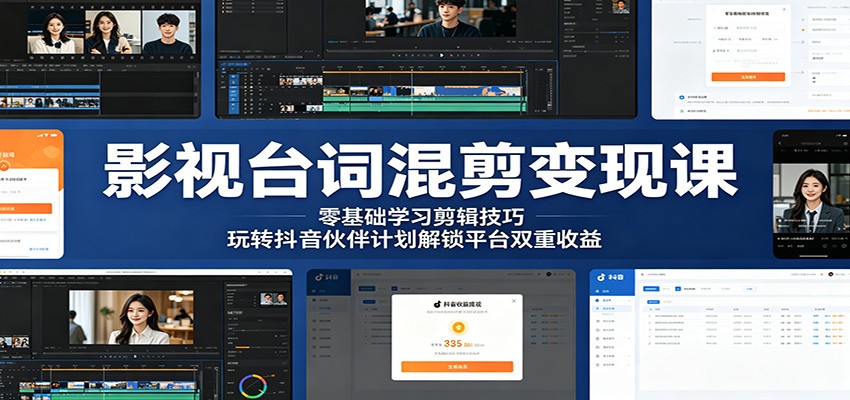 影视台词混剪变现课:零基础学习剪辑技巧,玩转抖音伙伴计划解锁平台双重收益-赛德副业库
