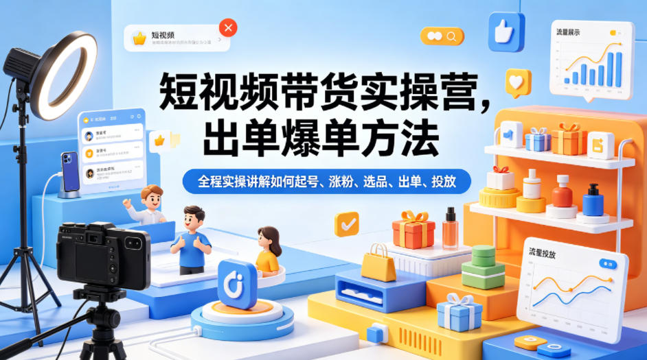 短视频带货实操营,出单爆单方法,全程实操讲解如何起号、涨粉、选品、出单、投放-赛德副业库