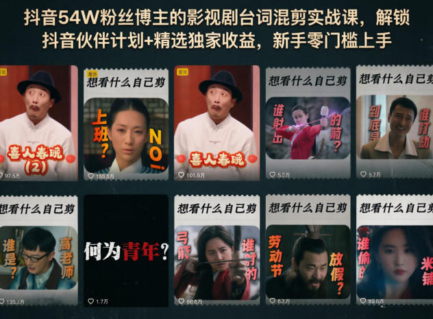 抖音54W粉丝博主的影视剧台词混剪实战课,解锁抖音伙伴计划+精选独家收益,新手零门槛上手-赛德副业库
