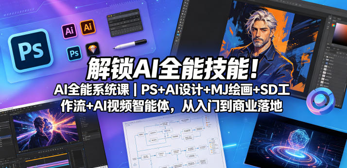 解锁AI全能技能！AI全能系统课｜PS+AI设计+MJ绘画+SD工作流+AI视频智能体，从入门到商业落地-赛德副业库