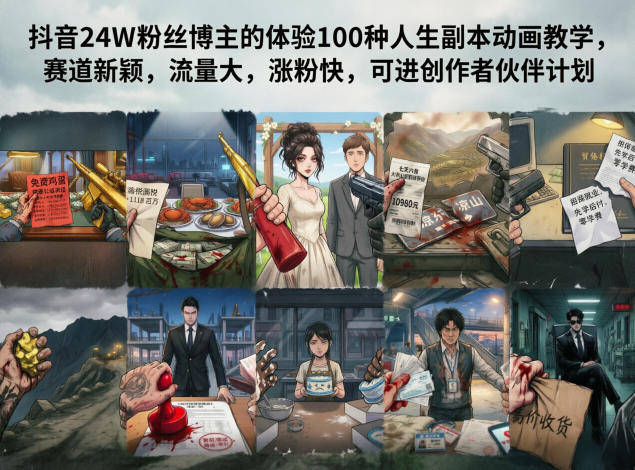 抖音24W粉丝博主的体验100种人生副本动画教学,赛道新颖,流量大,涨粉快,可进创作者伙伴计划-赛德副业库