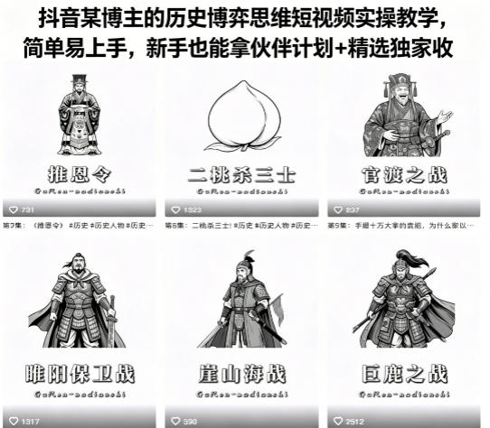抖音某博主的历史博弈思维短视频实操教学,简单易上手,新手也能拿伙伴计划+精选独家收益-赛德副业库