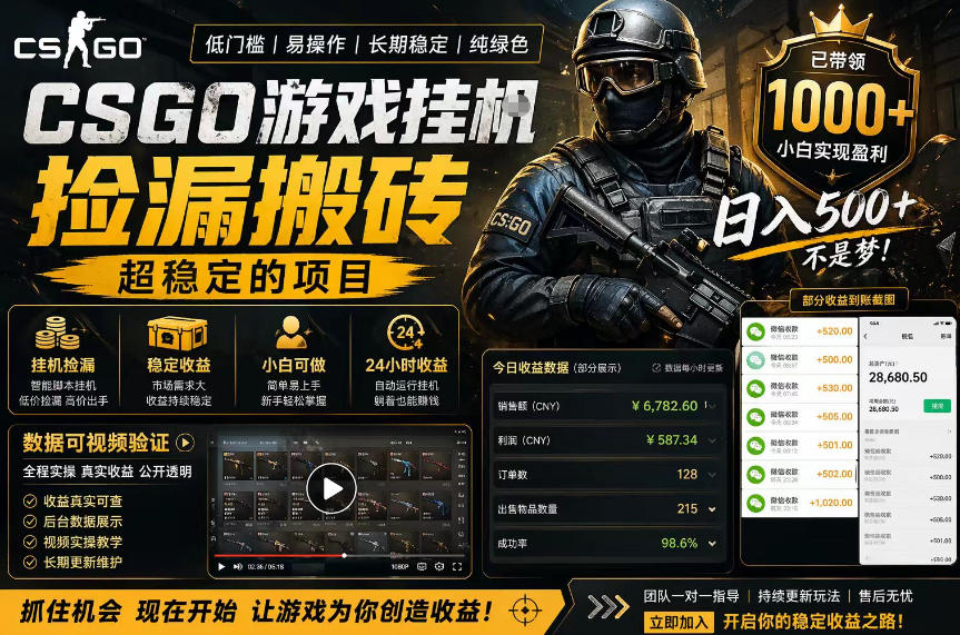 CSGO游戏搬砖,全自动挂G,不需要玩游戏,手机操作日入300+,解放双手【揭秘】-赛德副业库