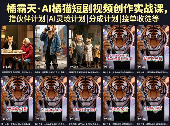 橘霸天·AI橘猫短剧视频创作实战课,撸伙伴计划|AI灵境计划|分成计划|接单收徒等-赛德副业库