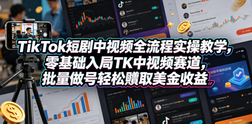 TikTok短剧中视频全流程实操教学，零基础入局TK中视频赛道，批量做号轻松賺取美金收益-赛德副业库