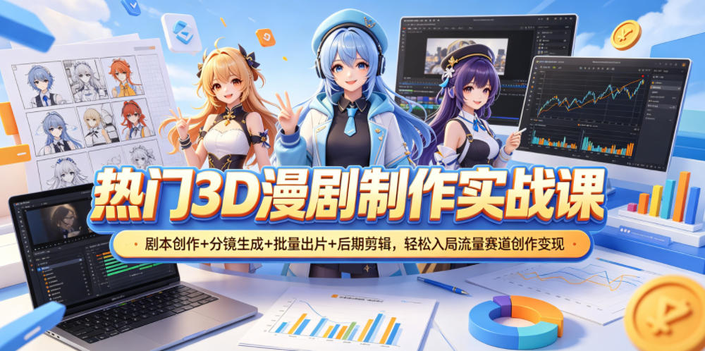 热门3D漫剧制作实战课,剧本创作+分镜生成+批量出片+后期剪辑,轻松入局流量赛道创作变现-赛德副业库