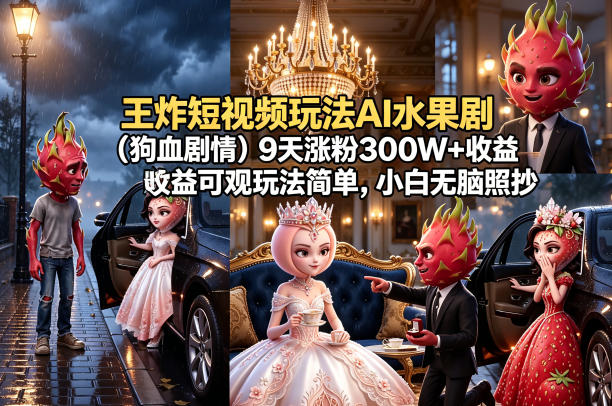 王炸短视频玩法AI水果剧(狗血剧情)9天涨粉300W+收益可观玩法简单,小白无脑照抄,详细拆解玩法-赛德副业库