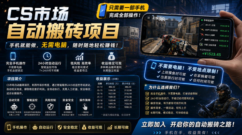 手机即可操作的CS市场自动搬砖系统｜自动监控｜自动下单|日入300+【揭秘】-赛德副业库