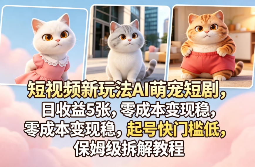 短视频新玩法AI萌宠短剧,日收益5张,零成本变现稳,起号快门槛低,保姆级拆解教程-赛德副业库