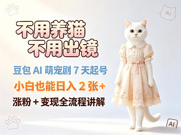 不用养猫不用出镜，豆包AI萌宠剧7天起号，小白也能日入2张+，涨粉+变现全流程讲解-赛德副业库
