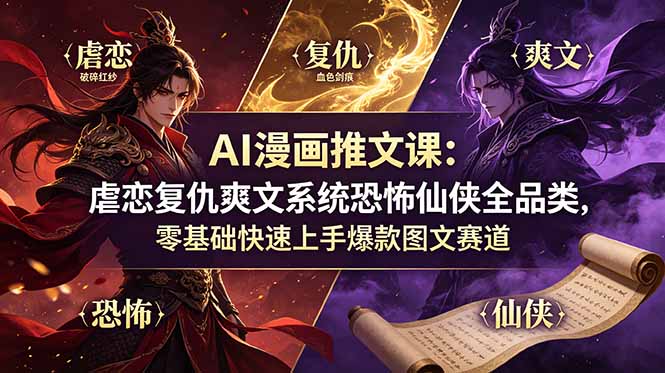 （19060期）AI漫画推文课：虐恋复仇爽文系统恐怖仙侠全品类，零基础快速上手爆款图文赛道-赛德副业库