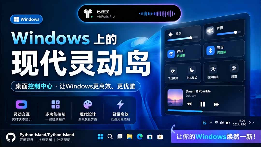 （19104期）Windows也能拥有桌面灵动岛！现代化的系统控制中心，让你的电脑多个黑刘海，PyIsland-赛德副业库