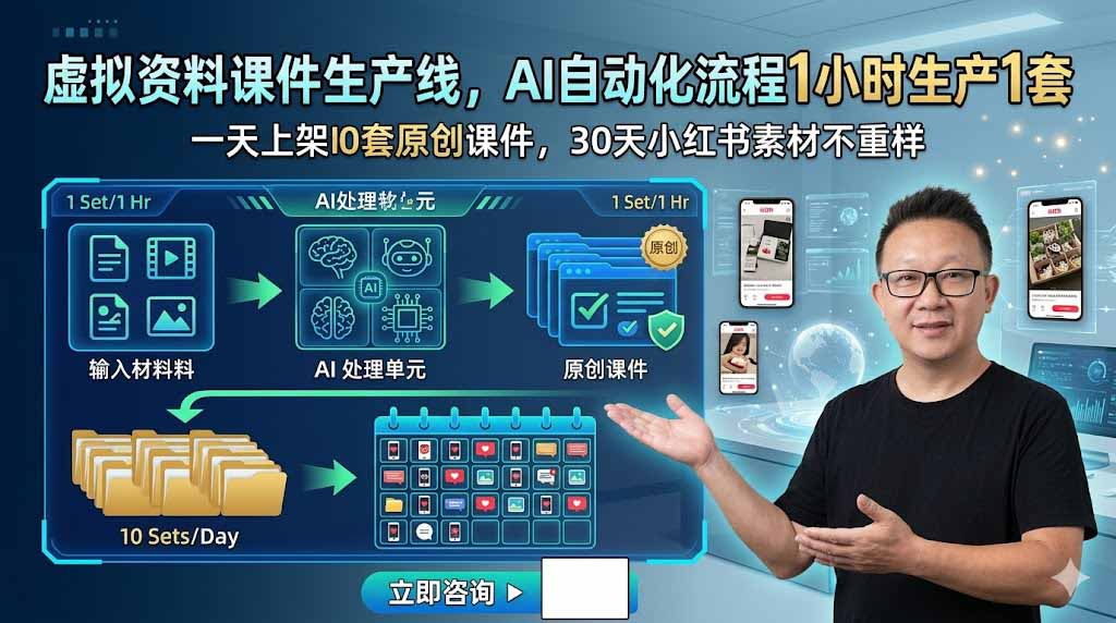 （19091期）虚拟资料课件生产线，AI自动化流程1小时生产1套，一天上架10套原创课件，30天小红书素材不重样-赛德副业库