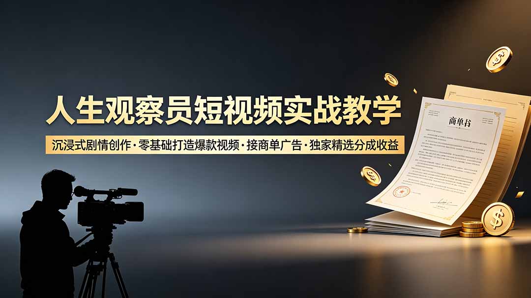 （19113期）人生观察员短视频实战教学，沉浸式剧情创作，零基础打造爆款视频，接商单广告，独家精选分成收益-赛德副业库