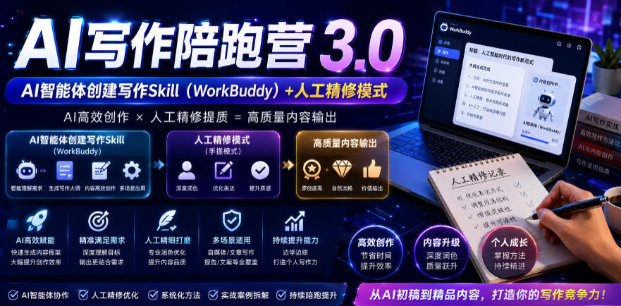 AI写作陪跑营3.0,Ai智能体创建写作skill(workbuddy)+人工手写模式(手搓模式),去除AI痕迹(头条号、公众号、百家号)-赛德副业库