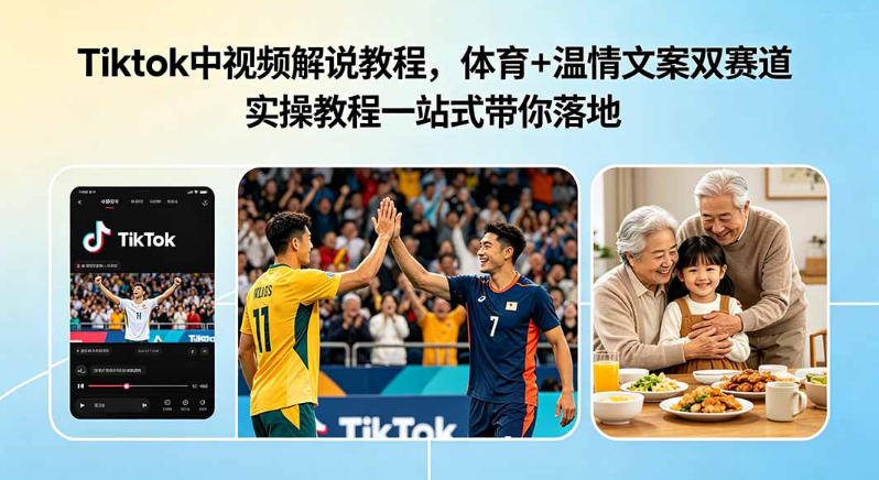 Tiktok中视频解说教程,体育+温情文案双赛道实操教程一站式带你落地,教你出海賺美刀-赛德副业库