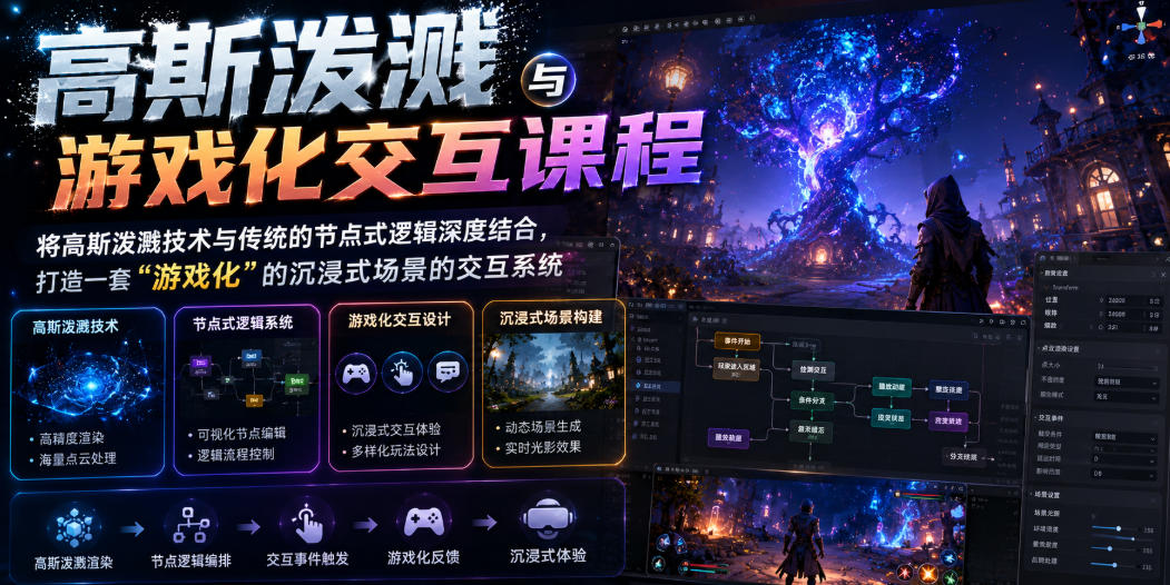 高斯泼溅与游戏化交互课程，将高斯泼溅技术与传统的节点式逻辑深度结合，打造一套“游戏化”的沉浸式场景的交互系统-赛德副业库