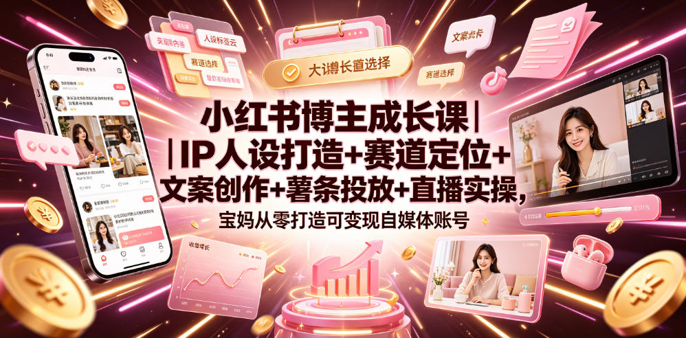 小红书博主成长课｜IP人设打造+赛道定位+文案创作+薯条投放+直播实操，宝妈从零打造可变现自媒体账号-赛德副业库